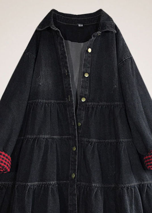 Black Loose Button Patchwork Fall Trench Coats Dress