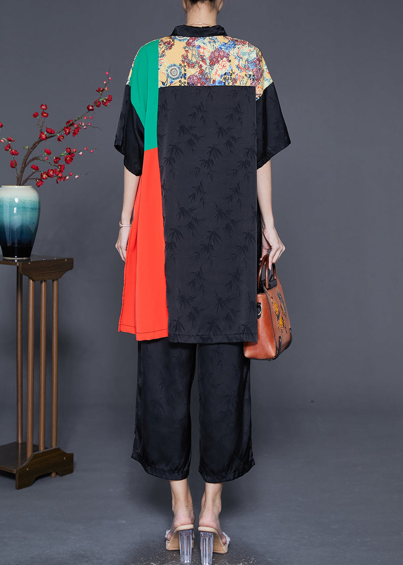 Black Print Patchwork Low High Design Silk Two Pieces Set Summer