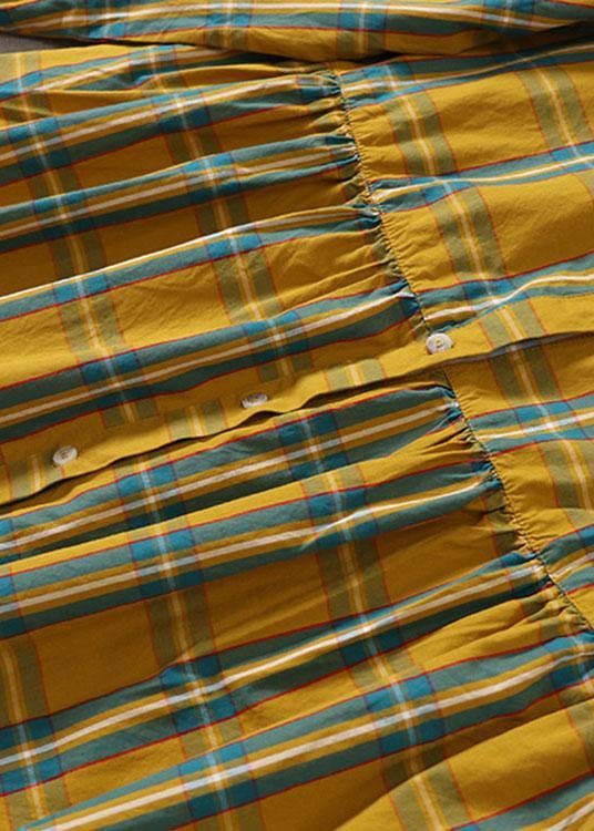 Yellow Green Plaid Pockets Buttontie Waist Fall Wrinkled Maxi Dress Long Sleeve