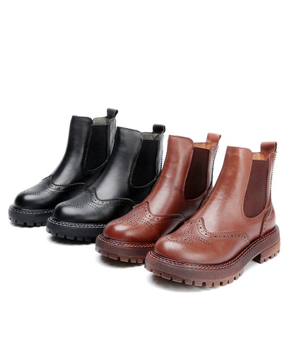 Fitted Black Comfortable Splicing Chunky Boots Black Genuine Leather Ankle Boots