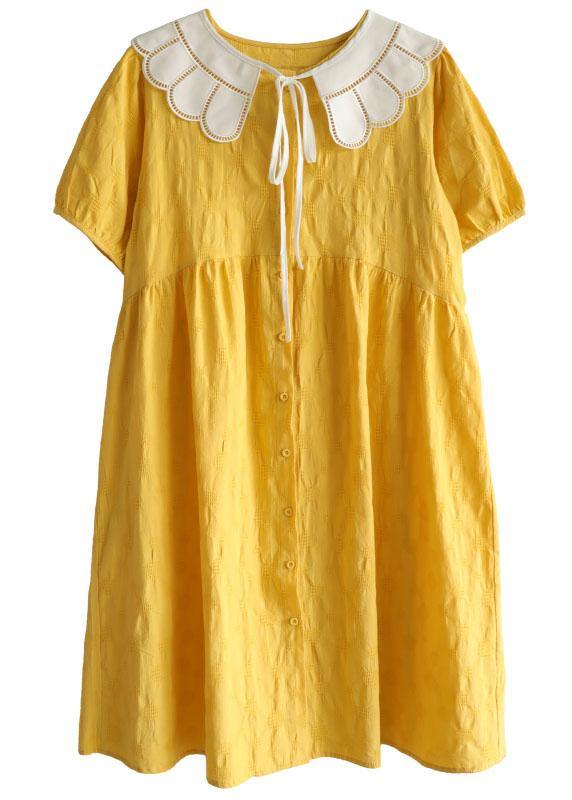 Yellow Button Patchwork Summer Cotton Short Sleeve Dress