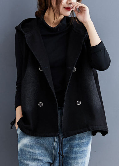 Unique Black Hooded Button Denim Trench Sleeveless Vest