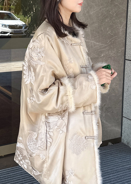 Beige Embroidered Mink Hair Patchwork Fine Cotton Filled Coat Winter