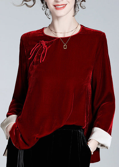 Natural Mulberry O-neck Side Open Silk Velour Shirts Long Sleeve