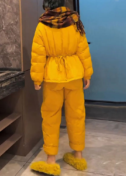 Simple Yellow Lace Up Tops and Pants Fine Cotton Filled Two Pieces Set Spring