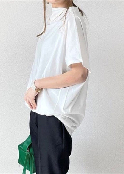 White Wrinkled Cotton T Shirt Tops Short Sleeve