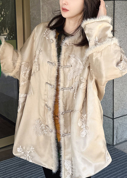 Beige Embroidered Mink Hair Patchwork Fine Cotton Filled Coat Winter
