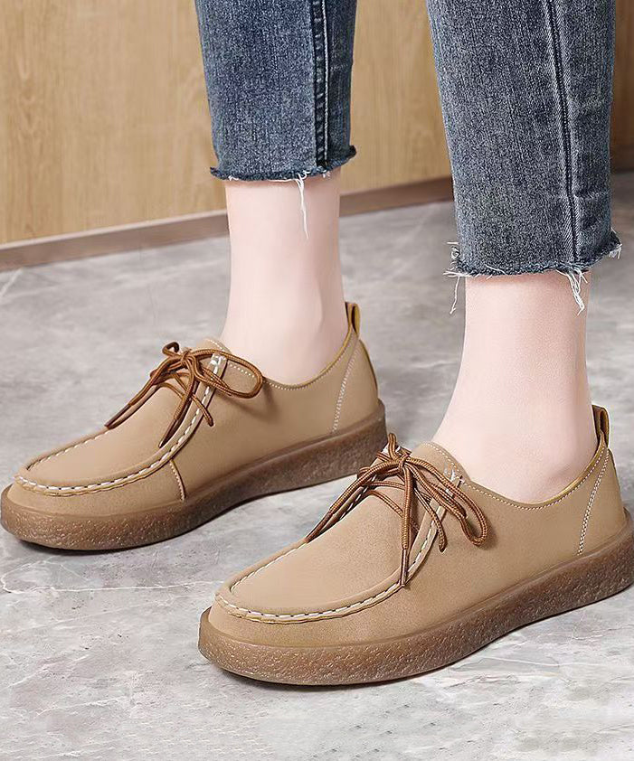 Lace Up Flat Feet Shoes Brown Faux Leather