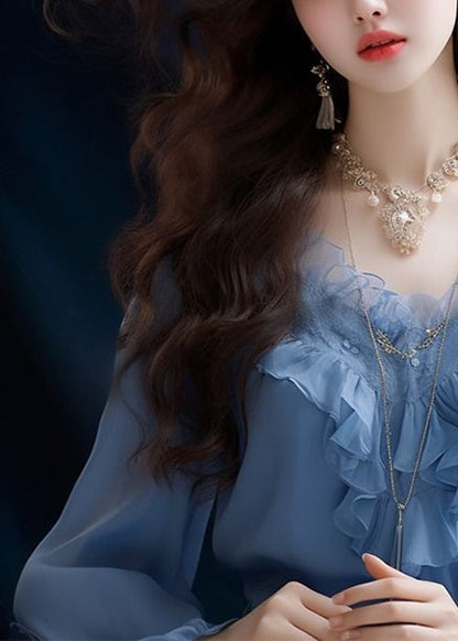 Blue Ruffled Chiffon Tops Long Sleeve
