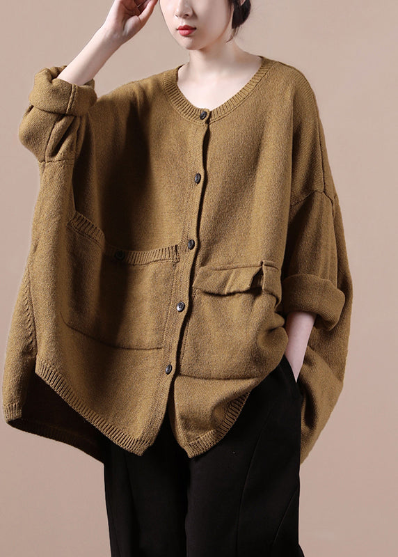 Modern Yellow O-neck Asymmetrical Button Thick Cotton Knit Sweaters Fall
