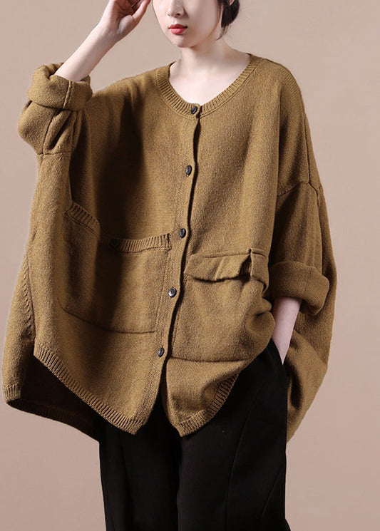Modern Yellow O-neck Asymmetrical Button Thick Cotton Knit Sweaters Fall