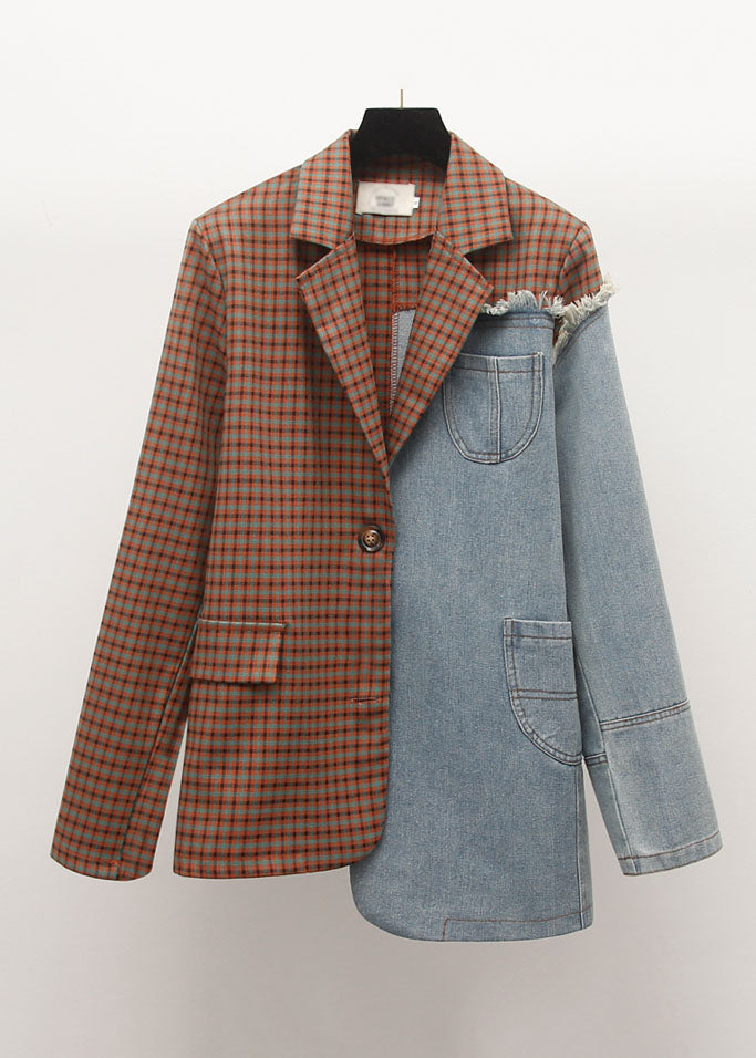 Diy Black Notched Pockets Asymmetrical Denim Patchwork Coats Long Sleeve