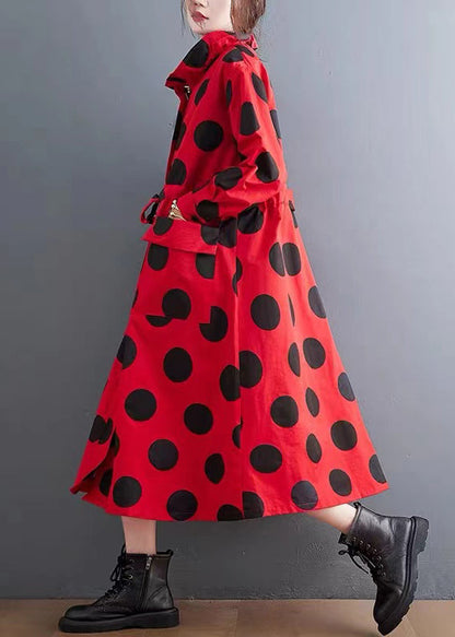 Red Ruffled Pockets Dot Drawstring Cotton Coats Spring