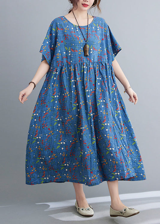 Blue O-neck Patchwork Maxi Dress Short Sleeve