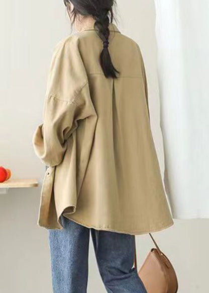 Khaki Peter Pan Collar Pockets Button Mid Coat Lantern Sleeve
