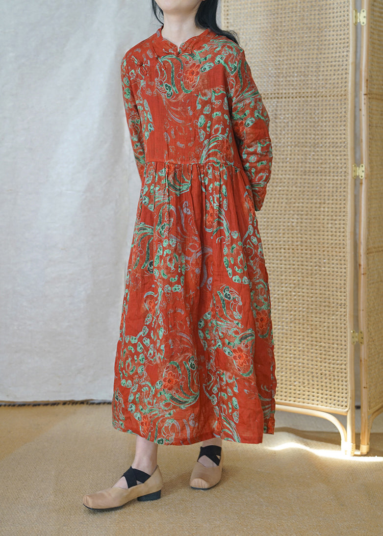 Chinese Style Red Mandarin Collar Cinched Print Linen Dress Long Sleeve