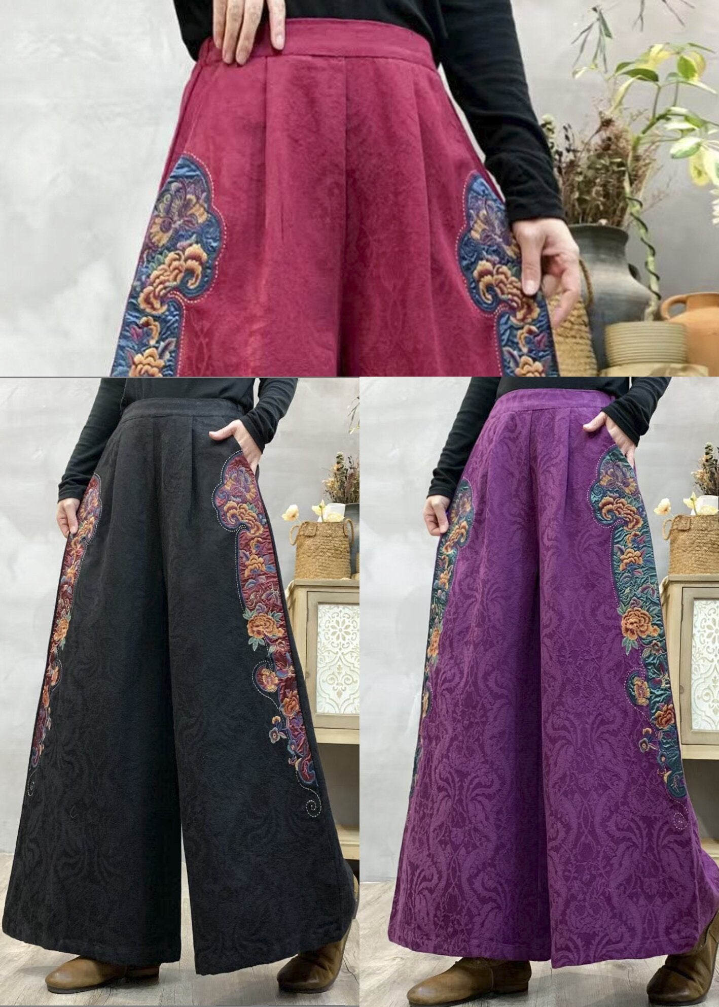 Purple Jacquard Linen Wide Leg Pants Embroidered Spring
