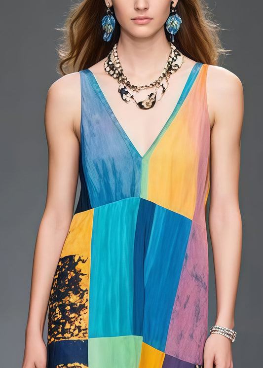 Classy Colorblock Oversized Print Cotton Long Dress Sleeveless