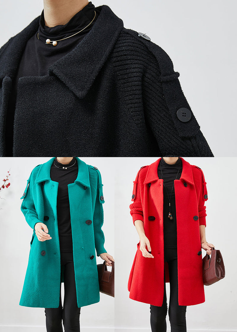 Black Double Breast Patchwork Woolen Trench Coats Fall
