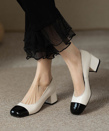 French Beige Splicing Chunky Heel Loafers for