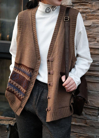 Chocolate V Neck Button Fall Pockets Sleeveless Waistcoat