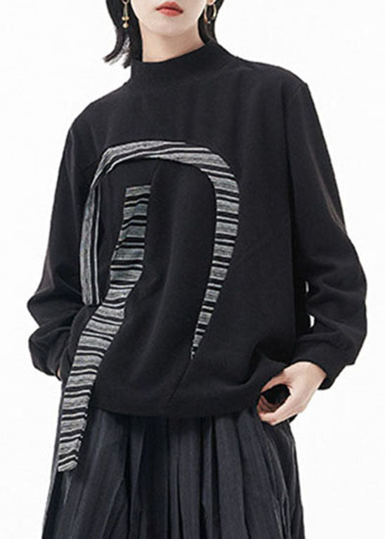 Black Stand Collar Patchwork Sweatshirts Top Spring