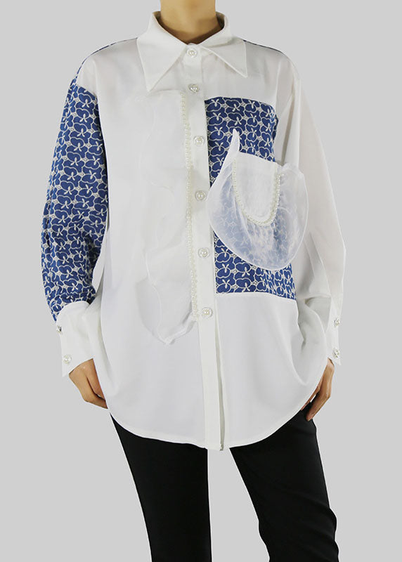 White Peter Pan Collar Print Shirt Top Spring