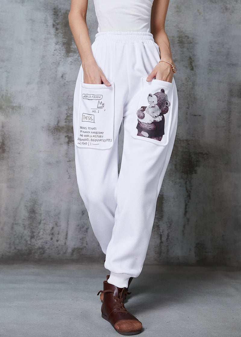 White Oversized Bear Print Warm Fleece Pants Winter