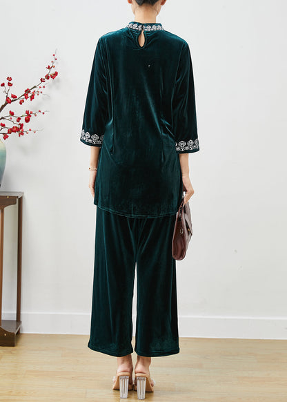 Peacock Green Embroideried Silk Velour Two Piece Set Bracelet Sleeve