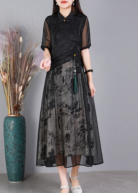 Black Mandarin Collar Print Tulle Patchwork Silk Long Dresses Short Sleeve