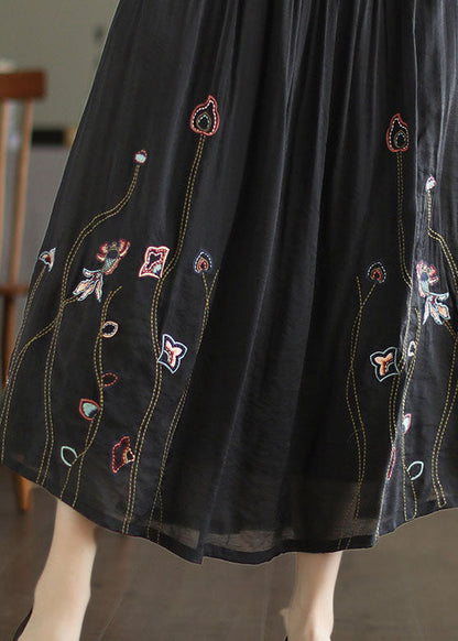 Black Elastic Waist Embroideried Linen Silk Skirt Spring