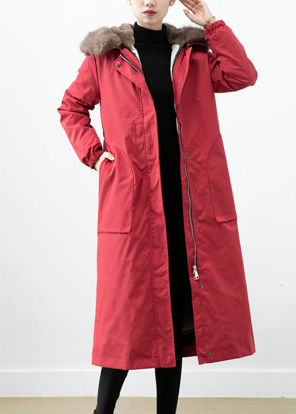Red Warm Otter Rabbit Hair Lined Coats Fox Collar Witner