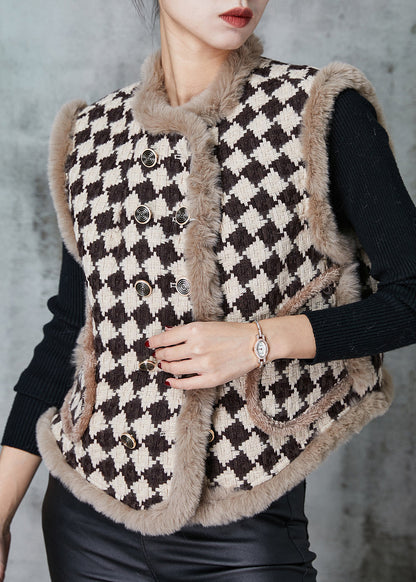 Coffee Plaid Warm Fleece Vests Pockets Spring