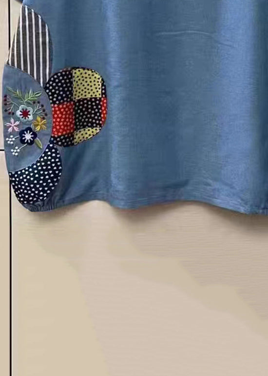 Loose Navy O-neck Embroideried Patchwork Denim T Shirt Top Summer