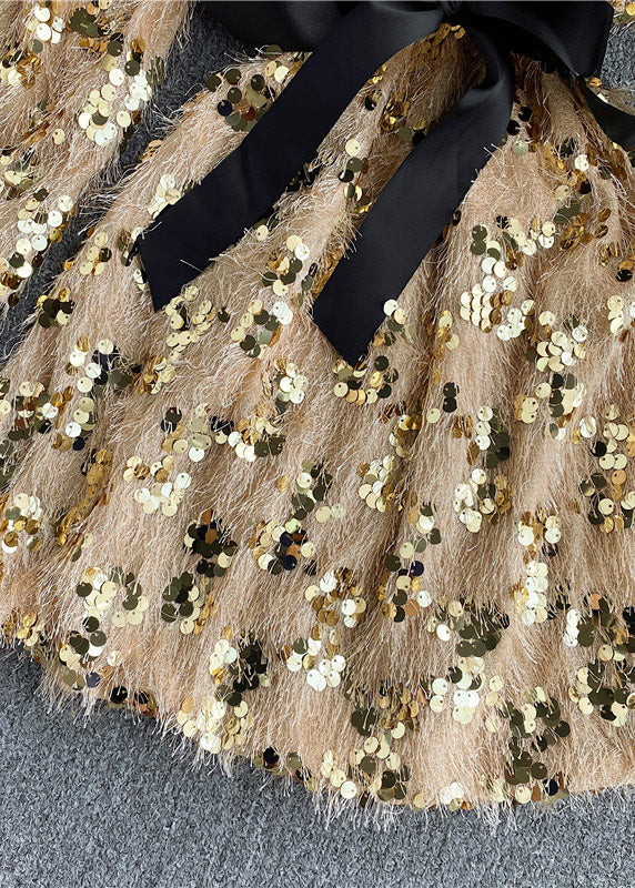 Vogue Yellow O-neck Tassel Sequins Bow Fuzzy Fur Fluffy Mid Dresses Spring