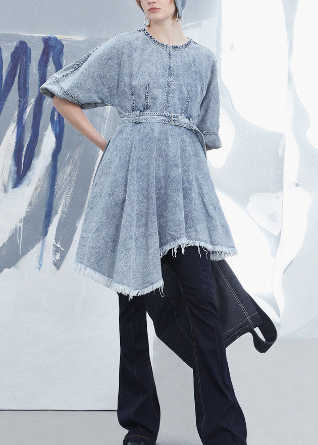 Light Blue Tassel Asymmetrical Patchwork Denim Dress Summer