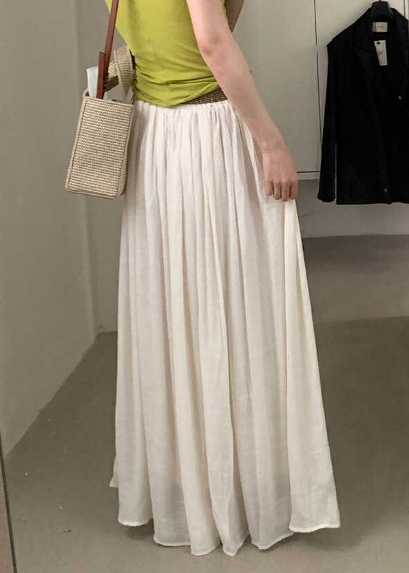 White Wrinkled Elastic Waist Cotton Skirts Summer