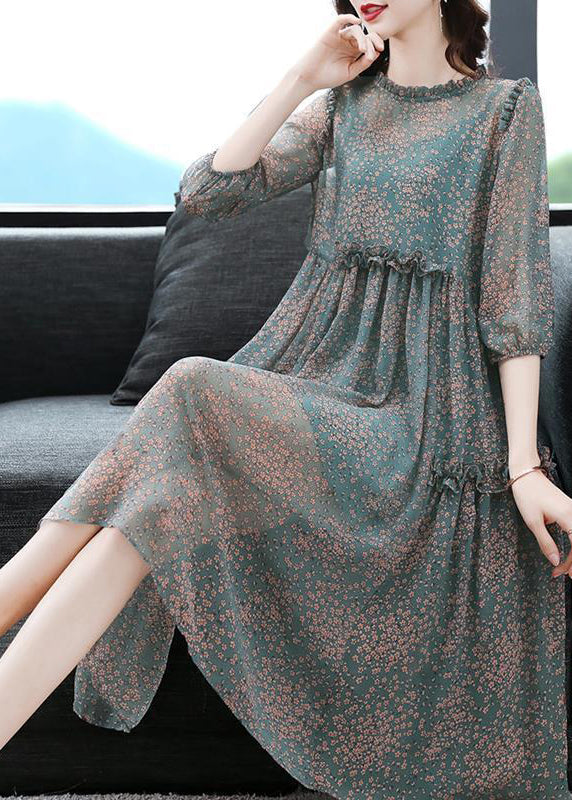 Boutique Green O-neck Ruffled Print Chiffon Dresses Half Sleeve