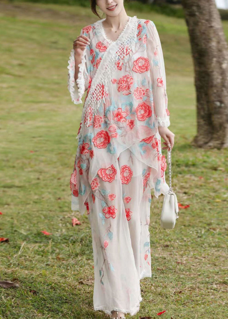 White Tasseled Asymmetrical Design Silk Two Pieces Set Fall