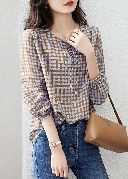 Coffee Print Lace Up Cotton Blouses Long Sleeve
