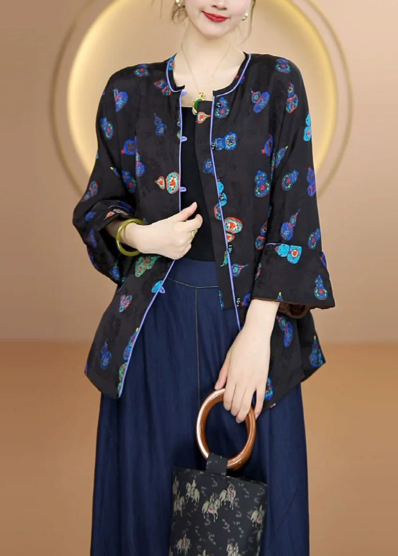 Black O Neck Print Button Silk Cardigans Fall