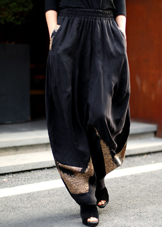 Handmade Black Elastic Waist Patchwork Pants Spring