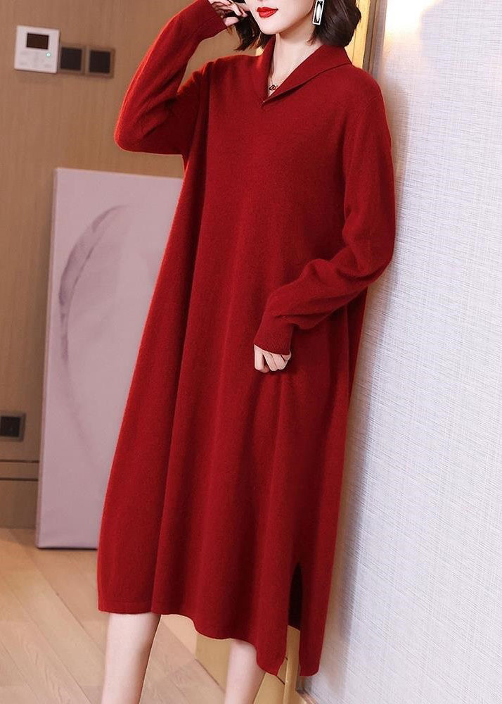 Red Side Peter Pan Collar Open Cotton Knit Dress Long Sleeve