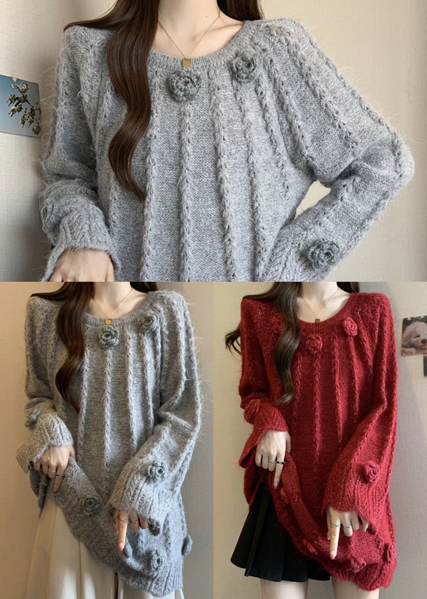 Art Grey Oversized Warm Knit Sweaters Fall