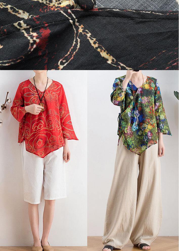 Green Print Tie Waist Linen Summer Shirt Top