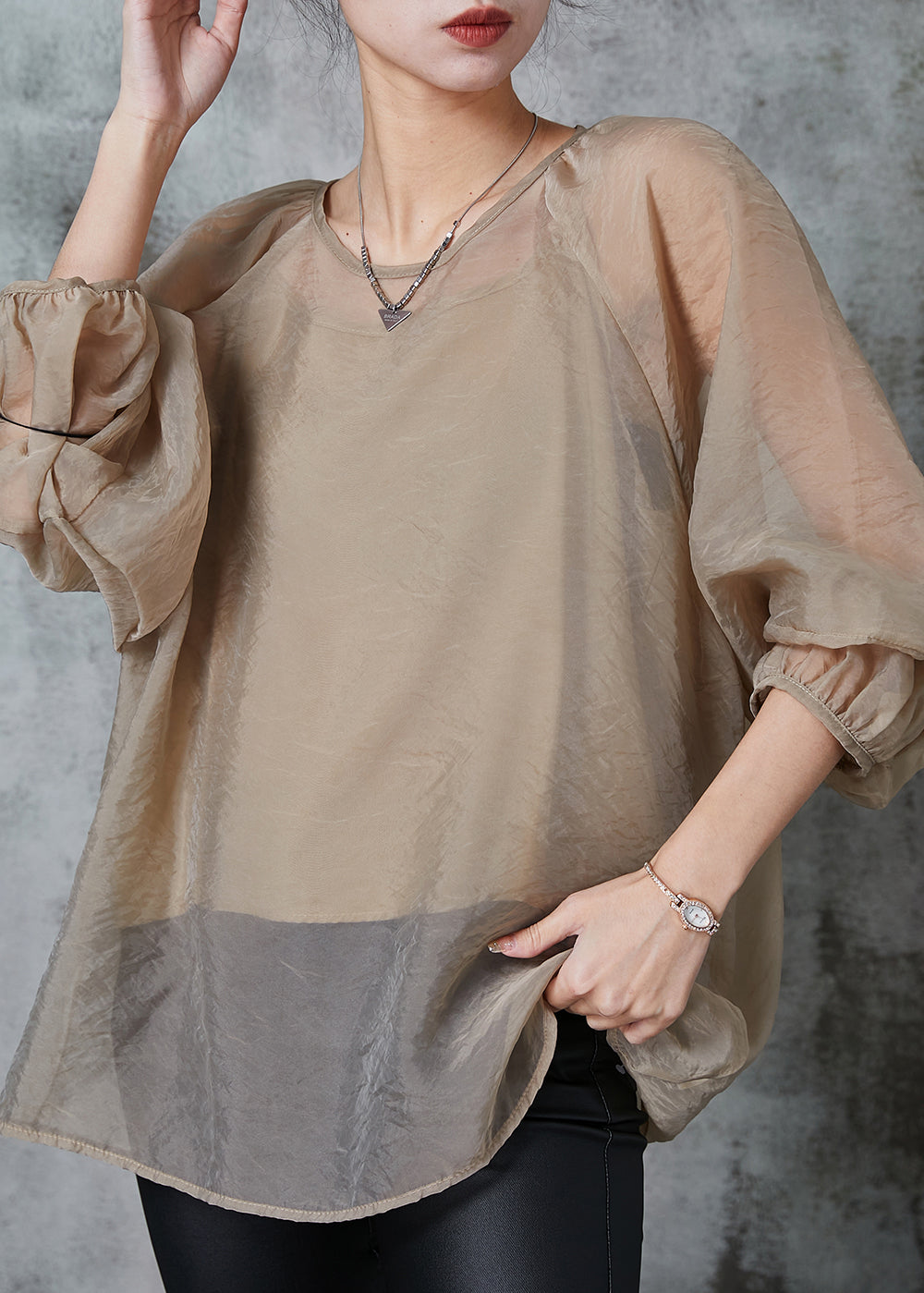 French Khaki Oversized Chiffon Upf 50+ Top Two Piece Set Summer