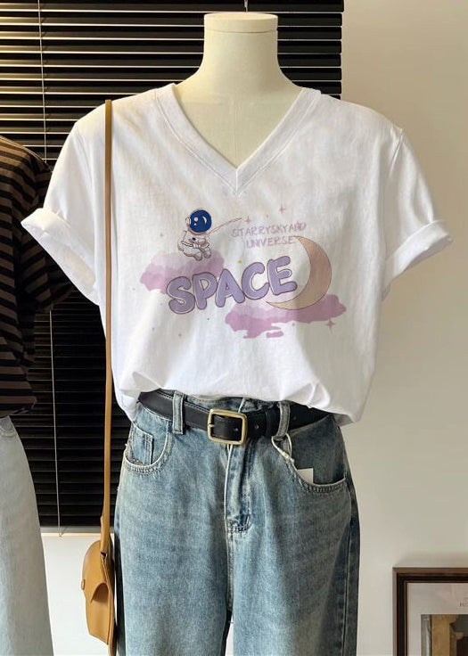 Loose Bow V Neck Print Cotton T Shirts Summer