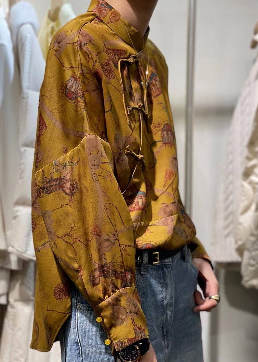 Yellow Stand Collar Patchwork Print Shirt Top Spring
