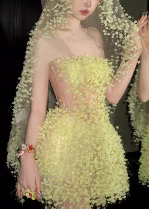 Handmade Light Yellow Strapless High Waist Tulle Mid Dress Sleeveless
