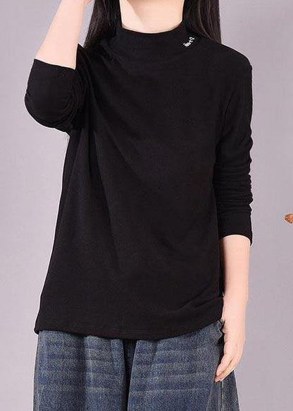 French High Neck Spring Top Silhouette Pattern Black Shirts